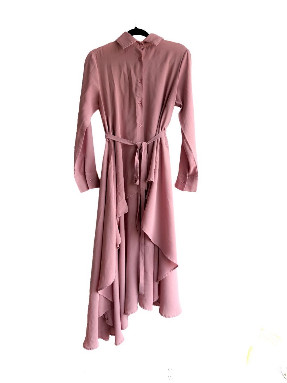 Akira Women's Blush Pink Long Sleeve Tie-Waist Ruffle Shirt Dress - High Low
